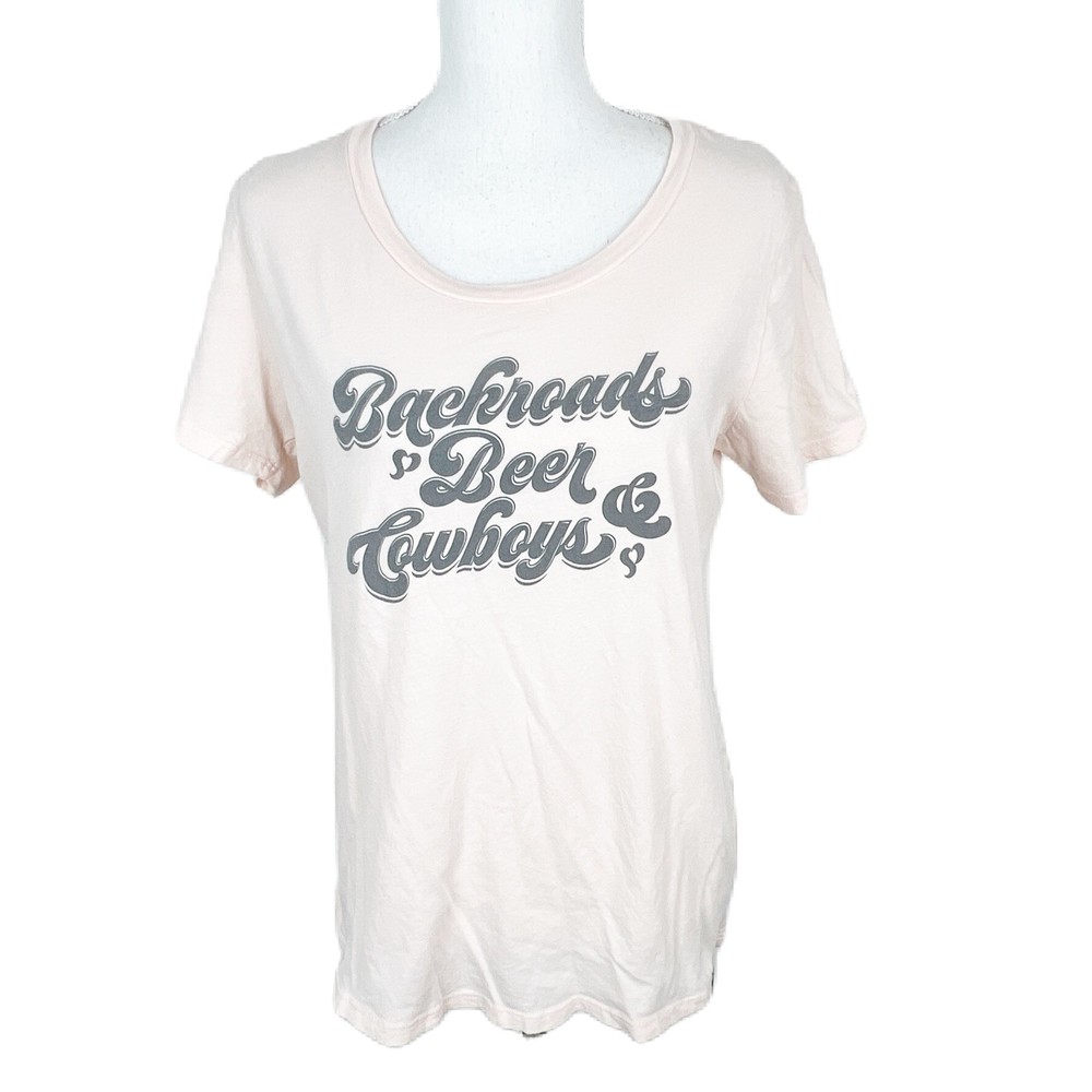 Rural Cloth Shirt Women Medium Peach Short Sleeve Backroads Beer Cowboys Tee